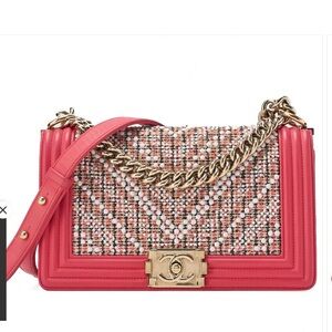 Authentic CHANEL limited edition pink boy tweed pearl Lambskin crossbody bag